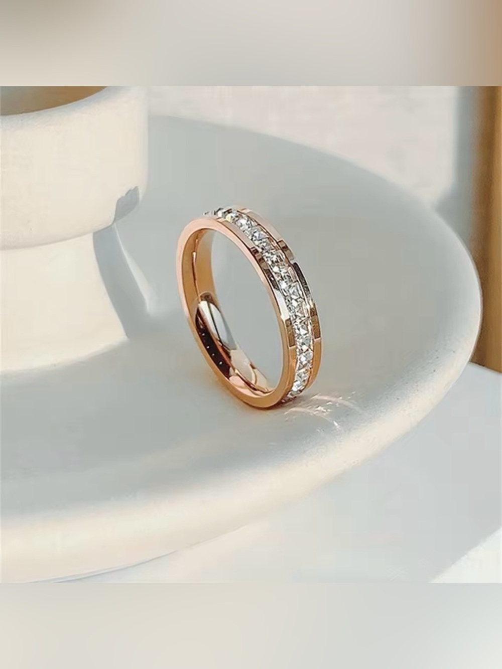 18K Rose Gold Single Row Princess Cut  Diamond IRing Wedding Engagement No Fade